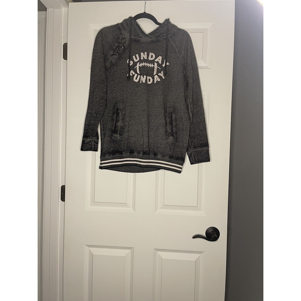Maurices Hoodie Sweatshirt Large Charcoal Stripe Hem Grommet Lace Shoulder